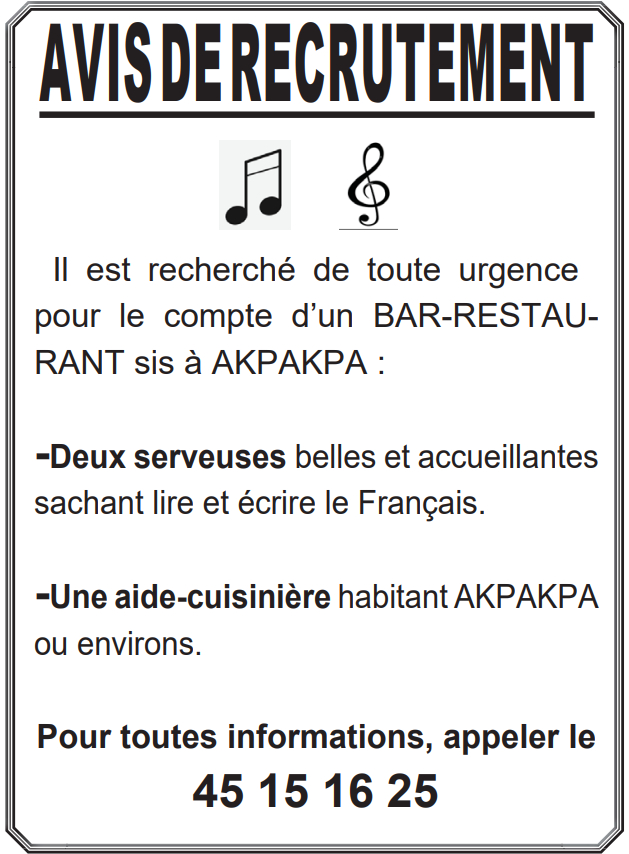 Recrutement de 02 Serveuses  et 01 Aide cuisinière